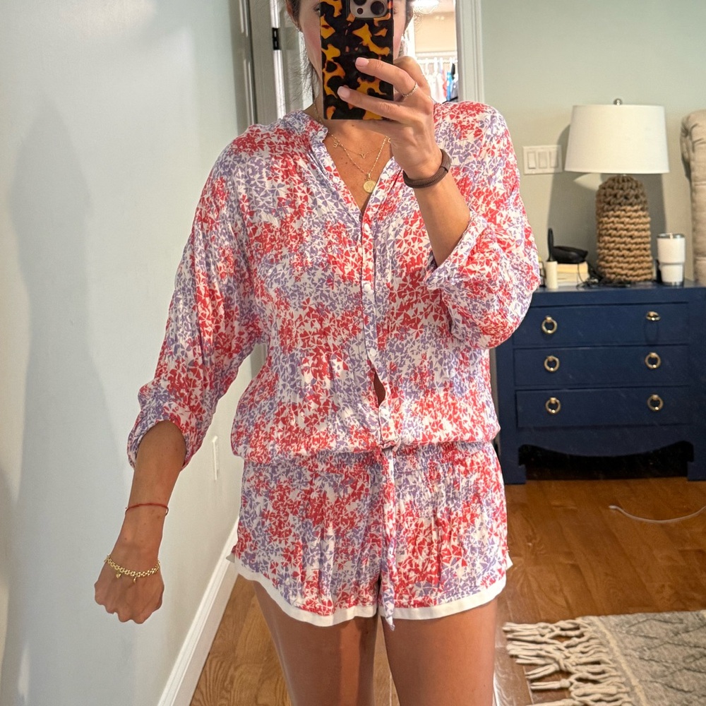Poupette St. Barth Purple and pink Floral shorts romper size M (fits like small)